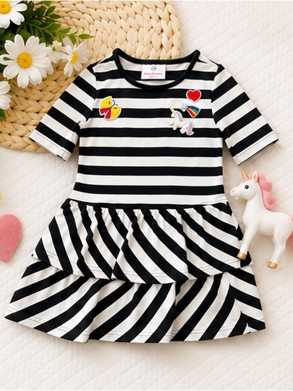Hanna Andersson | White/Black Striped Tiered Dress | US Size 4